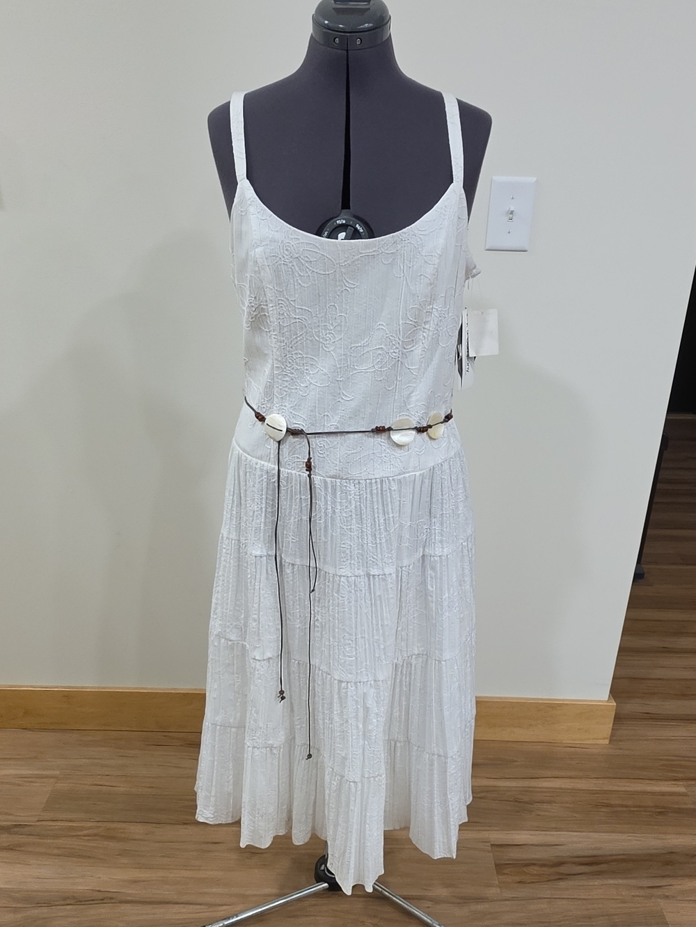 White Embroidered Tiered Maxi Dress with Shell-Accent Belt